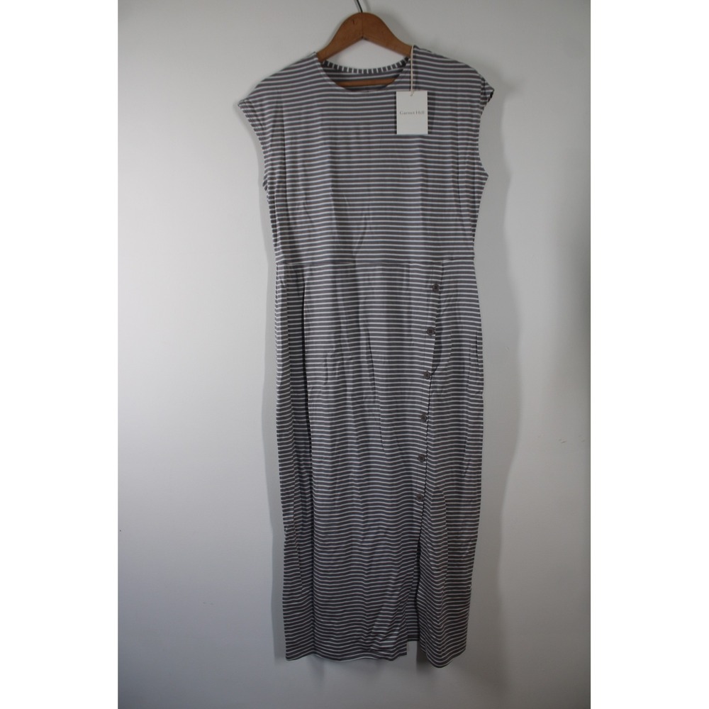 NWT Garnet Hill S Gray Stripe Cap Sleeve Knit Column Tencel Midi Dress 501545